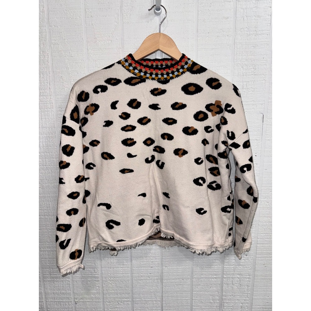 THML Leopard Print Sweater Women Beige Crochet Neck Frayed Hem S